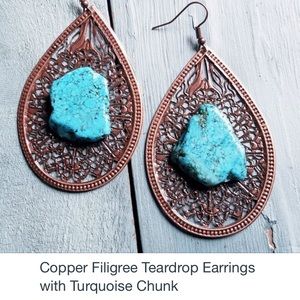 Copper filigree teardrop turquoise earring