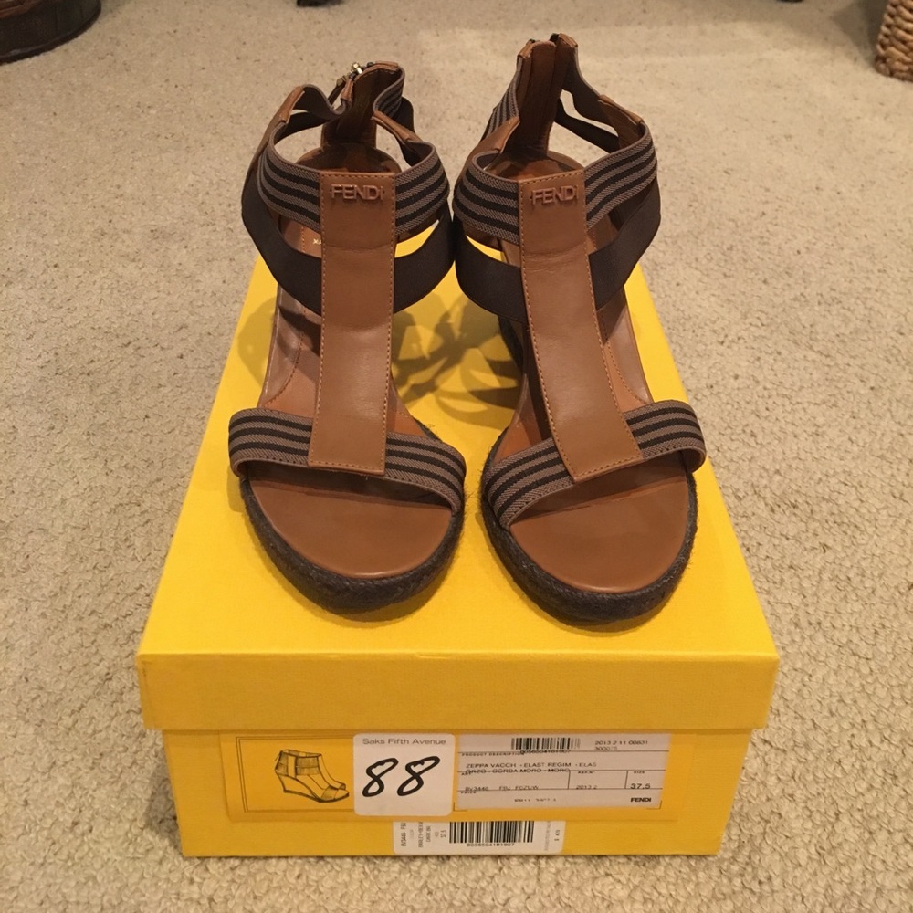 FENDI NEW T-Strap Leather & Stretch stripe Wedge.