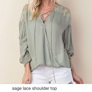 Sage lace shoulder blouse