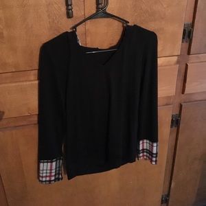 Black sweater, plaid hood