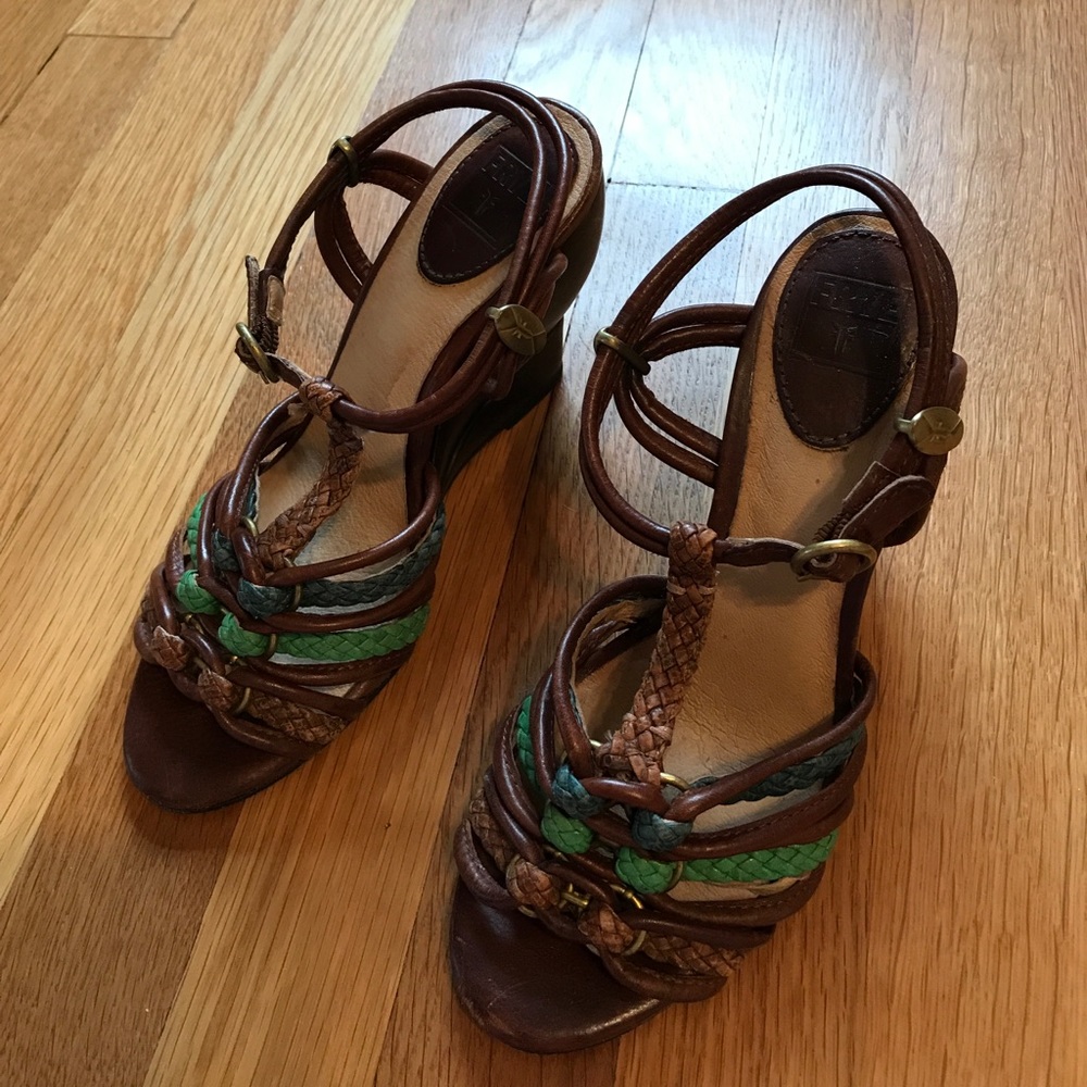 Frye Wedge Colette T Strap Sandal braided leather