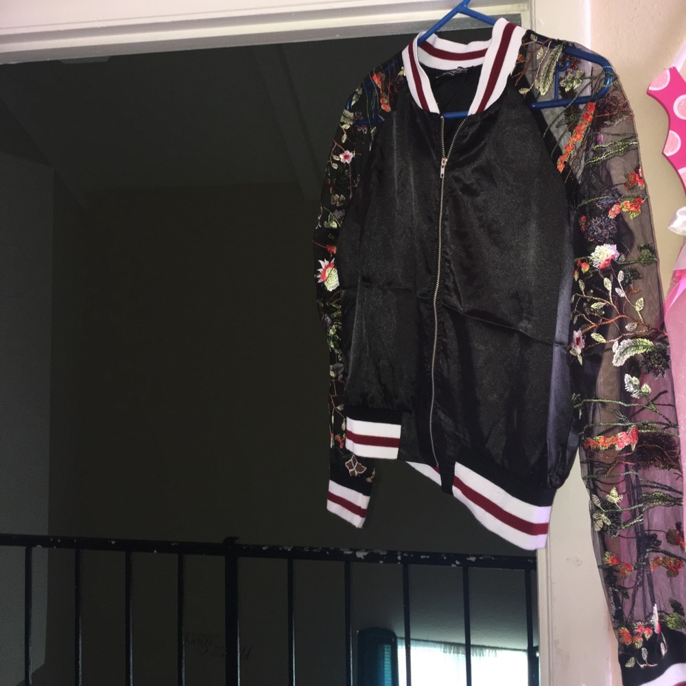 Satin Mesh Floral Bomber Jacket