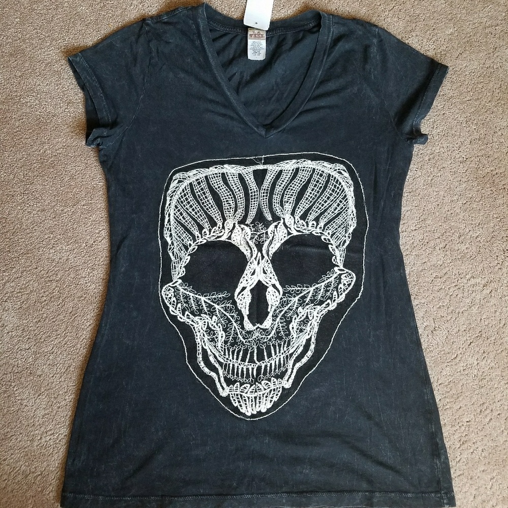Black Stone Washed Skull V Neck Tee
