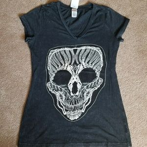 Black Stone Washed Skull V Neck Tee