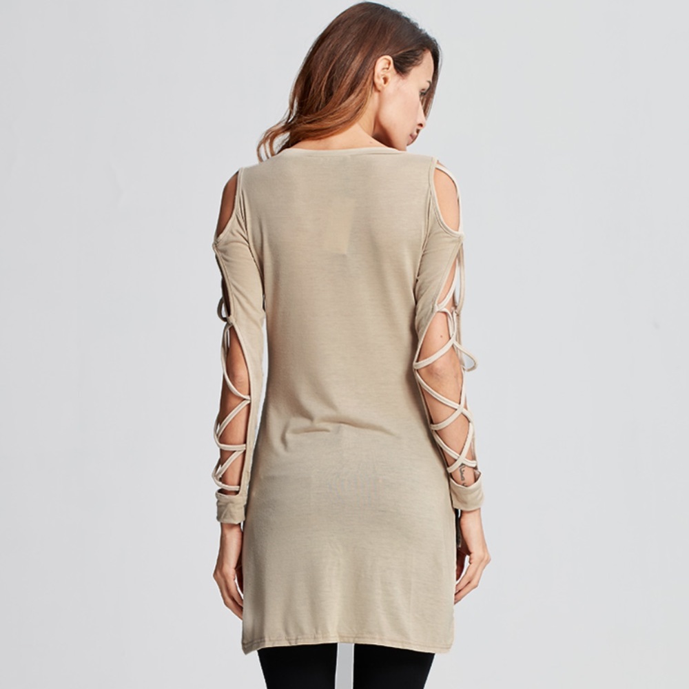 Beige Criss-Cross Long-Sleeve Hi-Low Fun Sexy Tops - Picture 2 of 8