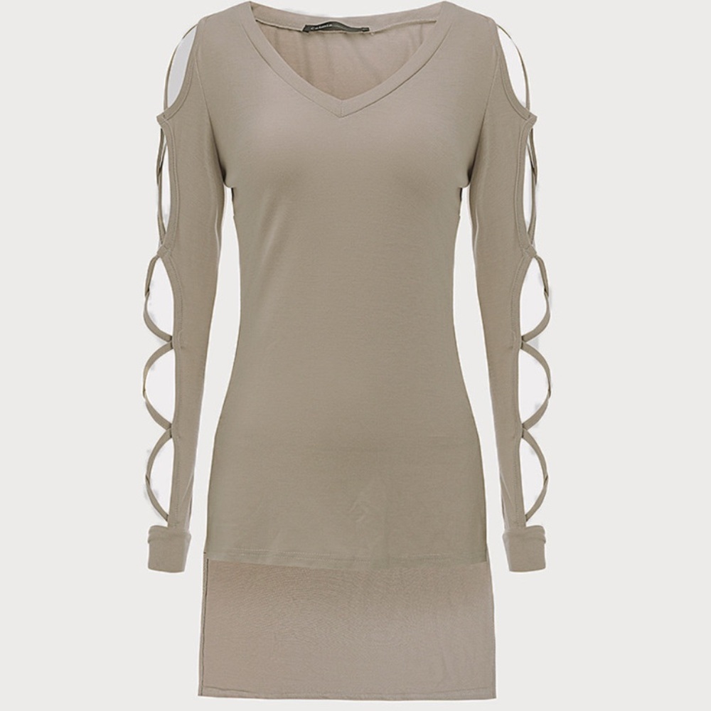 Beige Criss-Cross Long-Sleeve Hi-Low Fun Sexy Tops - Picture 3 of 8