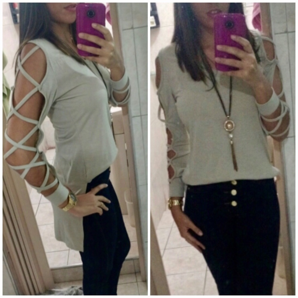 Beige Criss-Cross Long-Sleeve Hi-Low Fun Sexy Tops - Picture 5 of 8