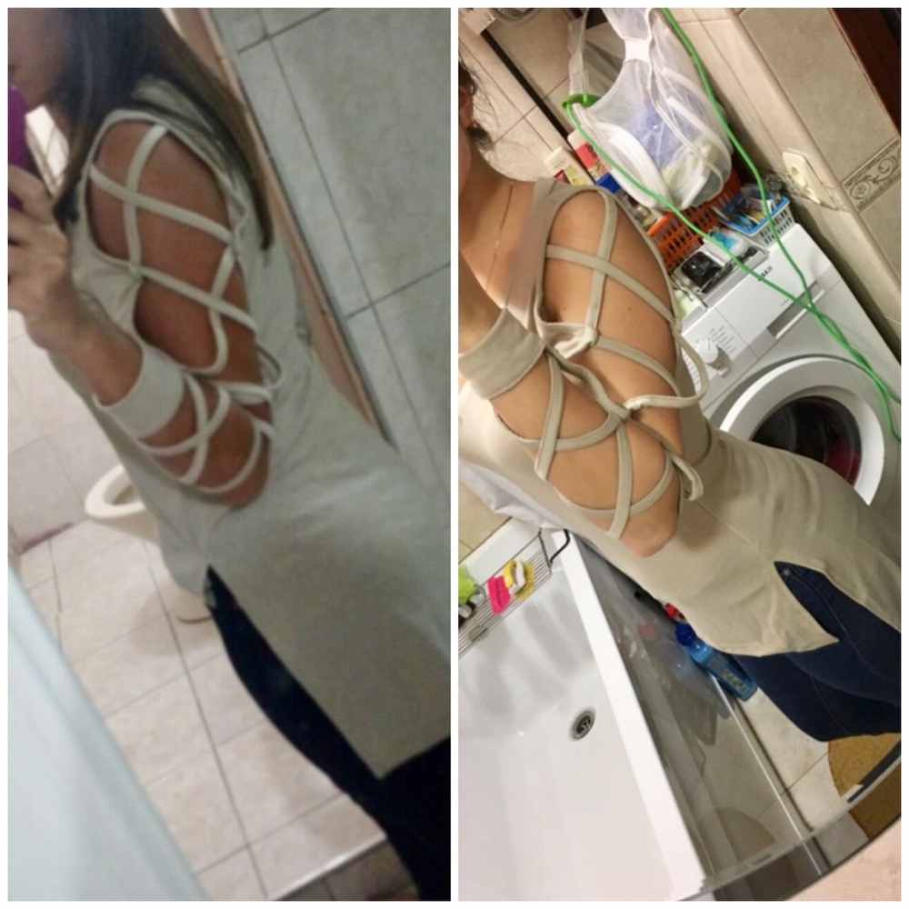 Beige Criss-Cross Long-Sleeve Hi-Low Fun Sexy Tops - Picture 7 of 8