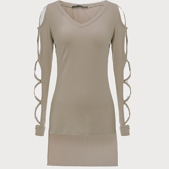 Beige Criss-Cross Long-Sleeve Hi-Low Fun Sexy Tops - Picture 3 of 8