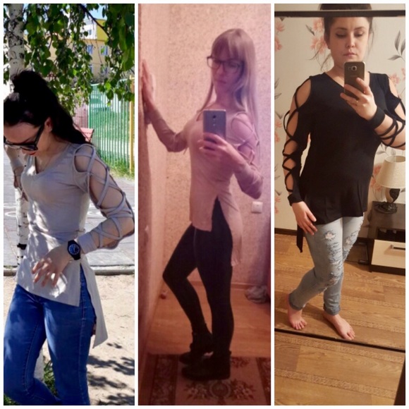 Beige Criss-Cross Long-Sleeve Hi-Low Fun Sexy Tops - Picture 6 of 8