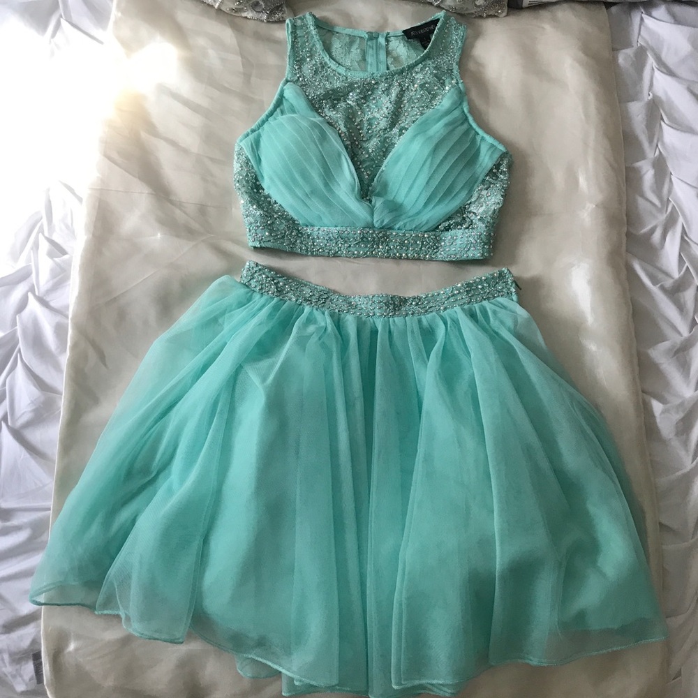 Jodi Kristopher sea foam green 2 piece formal gown