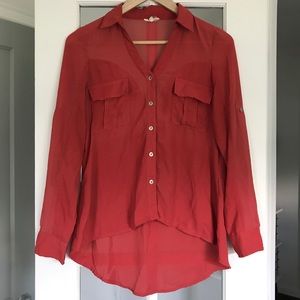 Sheer Red Long Sleeve Button Down Blouse