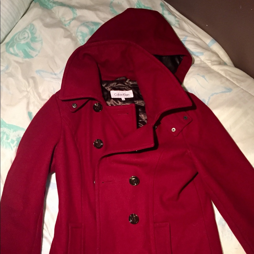Red Calvin Klein pea jacket with hood size 8