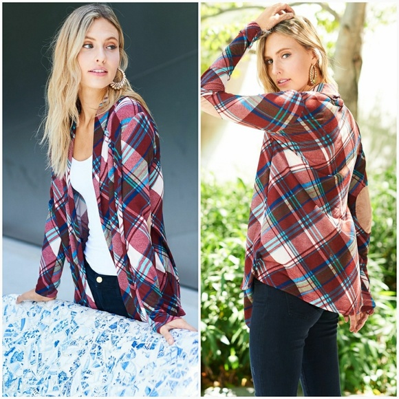 Burgundy Plaid Cardi W/Elbow Patch - Picture 3 of 4