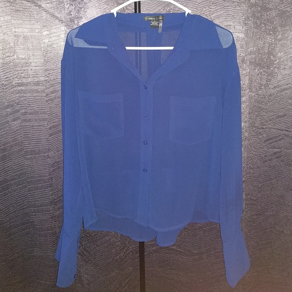 Sheer long sleeve navy blue button up