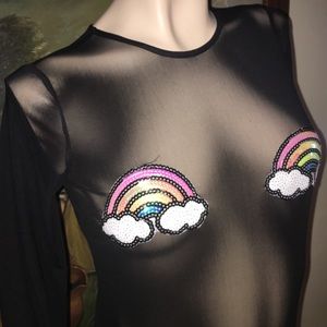Mesh bodysuit w/Sequin Rainbow Embroidered Pasties