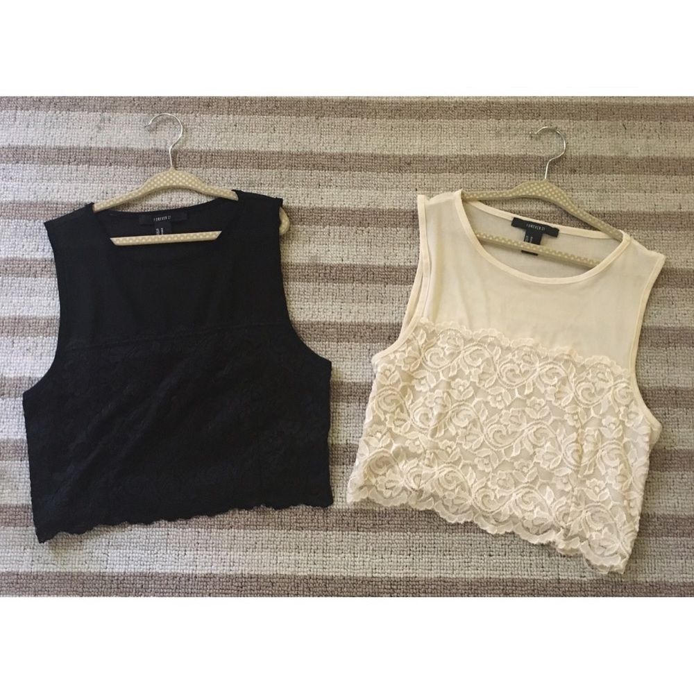 TWO Cropped Tops Black & Beige Lace Size Medium