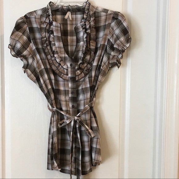 Short Sleeved Button Down with Neckline Details - Picture 1 of 4