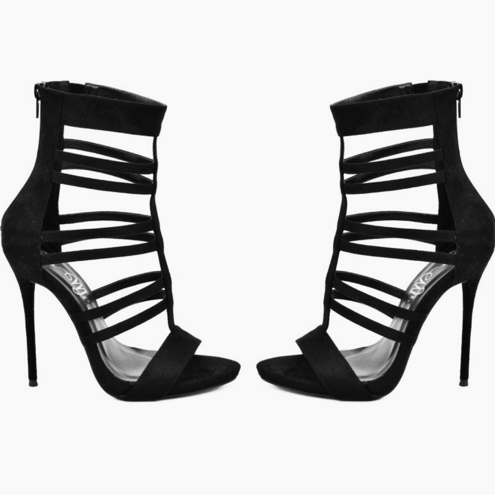 Black strappy suede stilettos