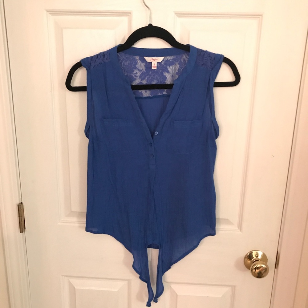 Tank with front tie and lace shoulders.