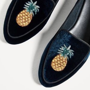 ZARA Blue Velvet, Pineapple Embroidered Loafers