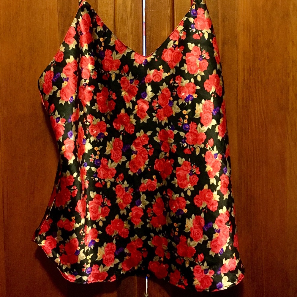 Floral Satin Top / Rose Pattern Shirt / 90s Style
