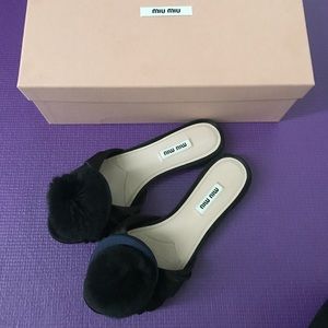 Pre loved miumiu satin mule with Pom Pom