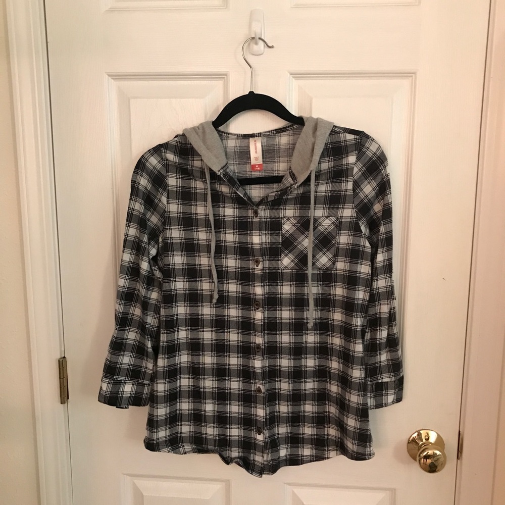 Plaid button up with hood.