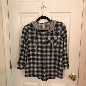 Plaid button up with hood.