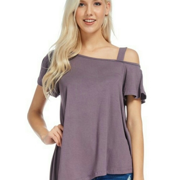 Tops - Mauve one side cold shoulder asymmetrical top