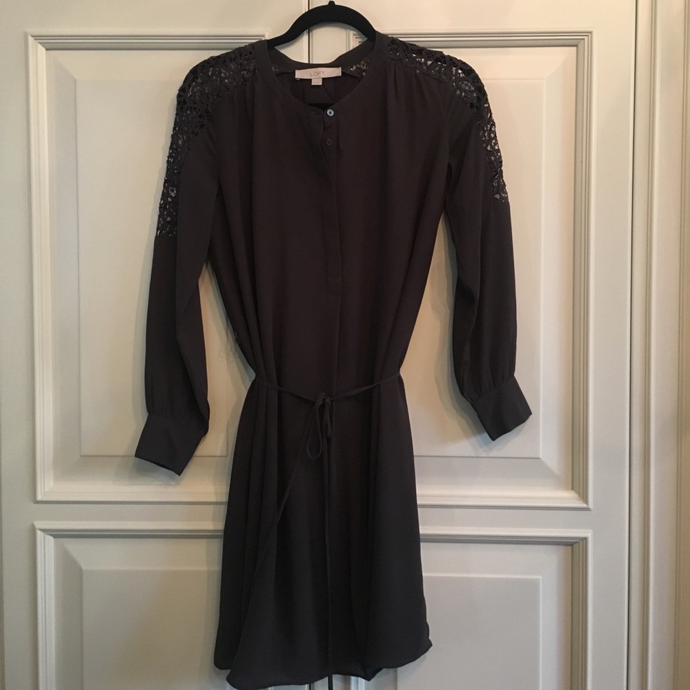 Loft smoky gray belted dress with lace shoulders