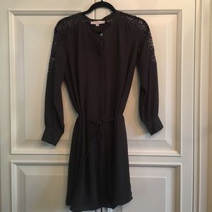 Loft smoky gray belted dress with lace shoulders