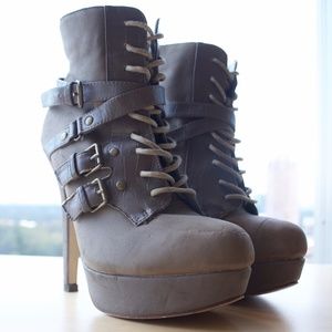 JustFab Platform Ankle Boot with Straps-Taupe-5.5