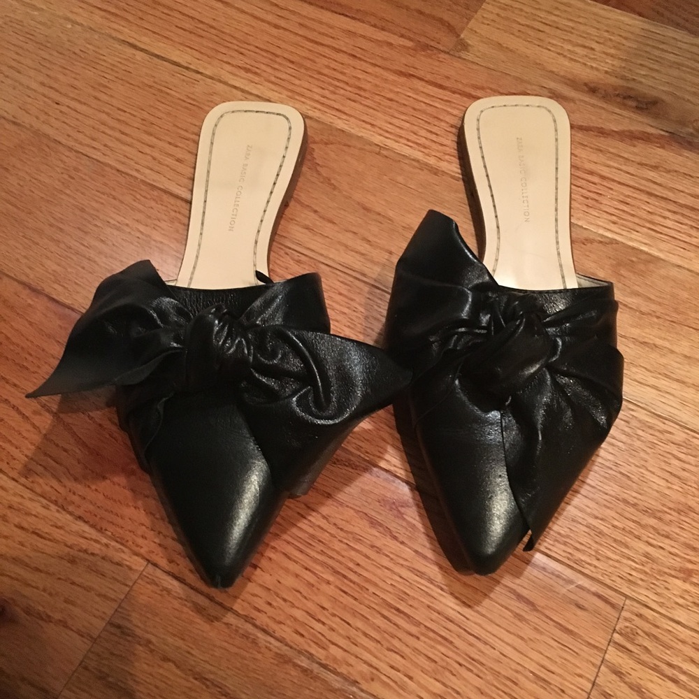 Zara Leather Bow Slides Mules
