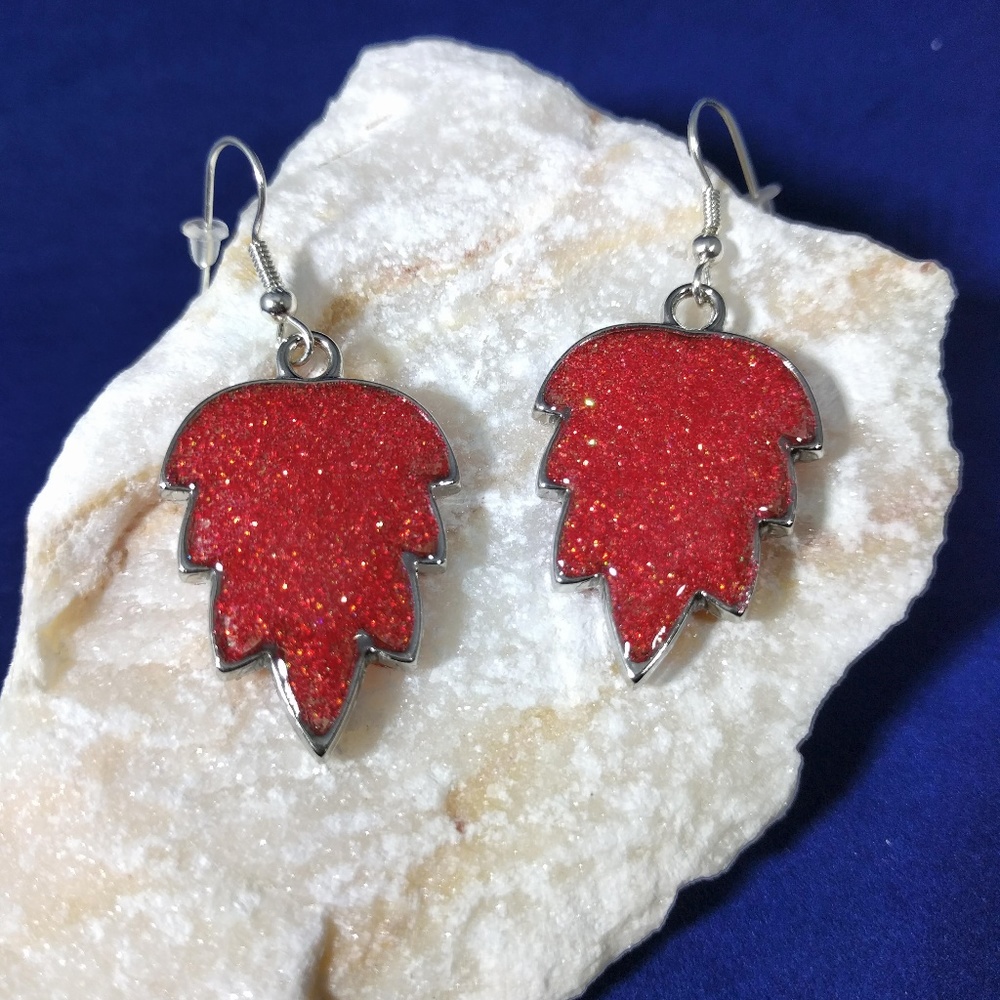 Glittery red leaf earrings