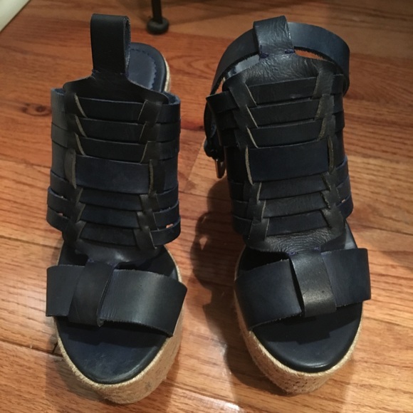 Polo Ralph Lauren Navy Leather Wedge Sandal 9.5 - Picture 1 of 6