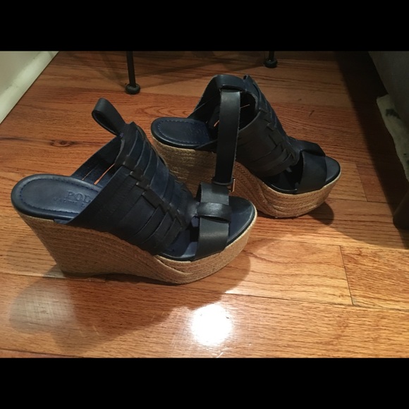 Polo Ralph Lauren Navy Leather Wedge Sandal 9.5 - Picture 2 of 6