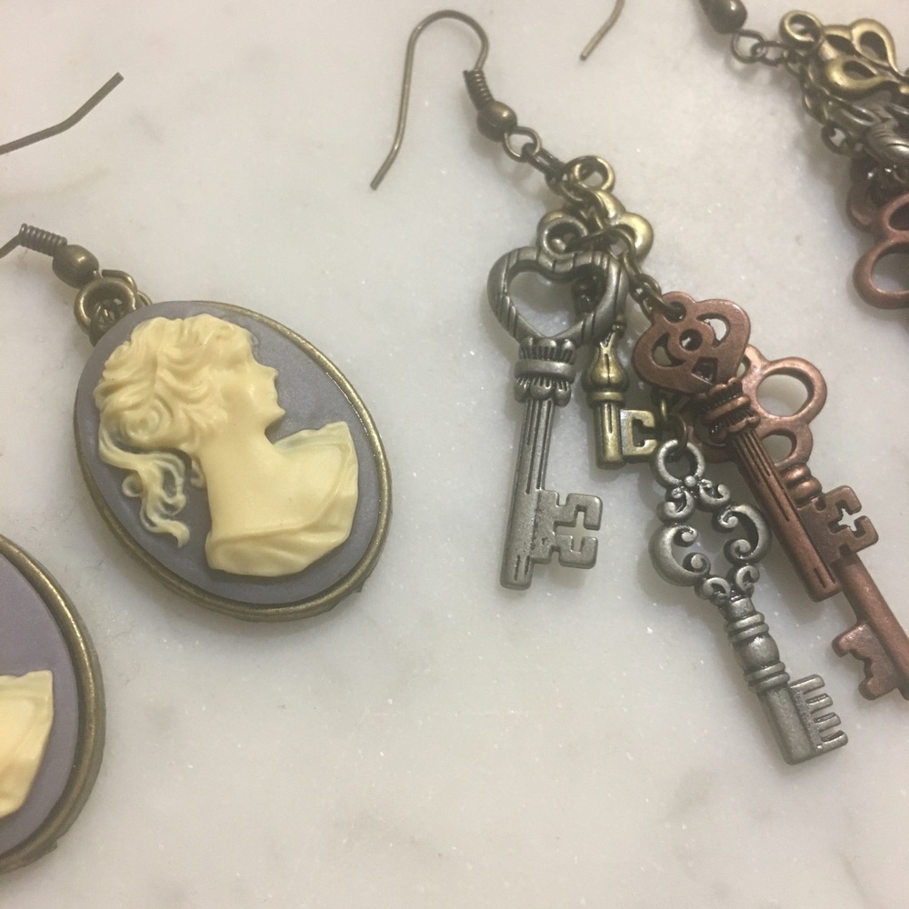 Rustic Key and Silhouette Drop Earrings