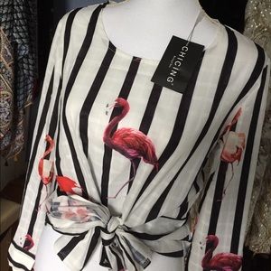 Striped chiffon flamingo bird blouse w/ tie waist