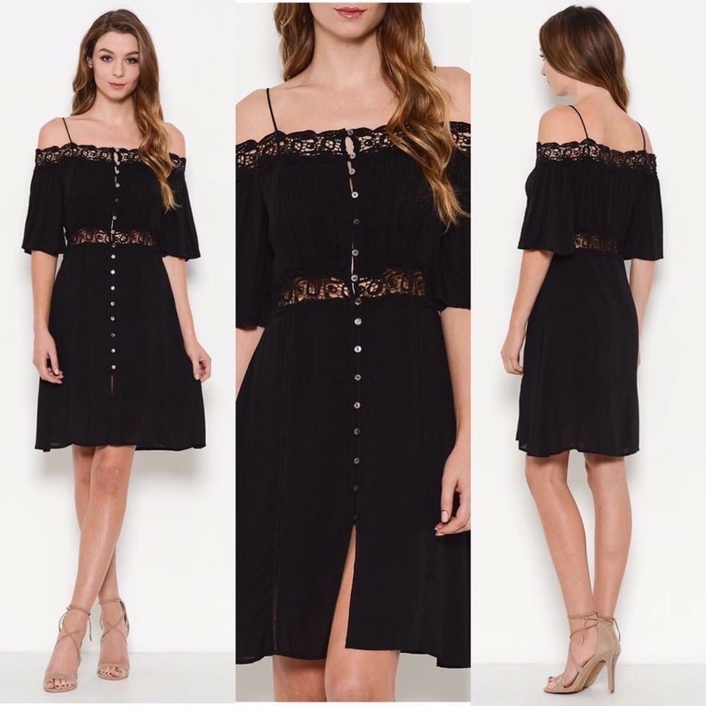 Off the shoulder button lace trim dress