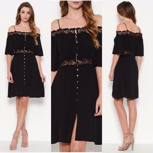 Off the shoulder button lace trim dress