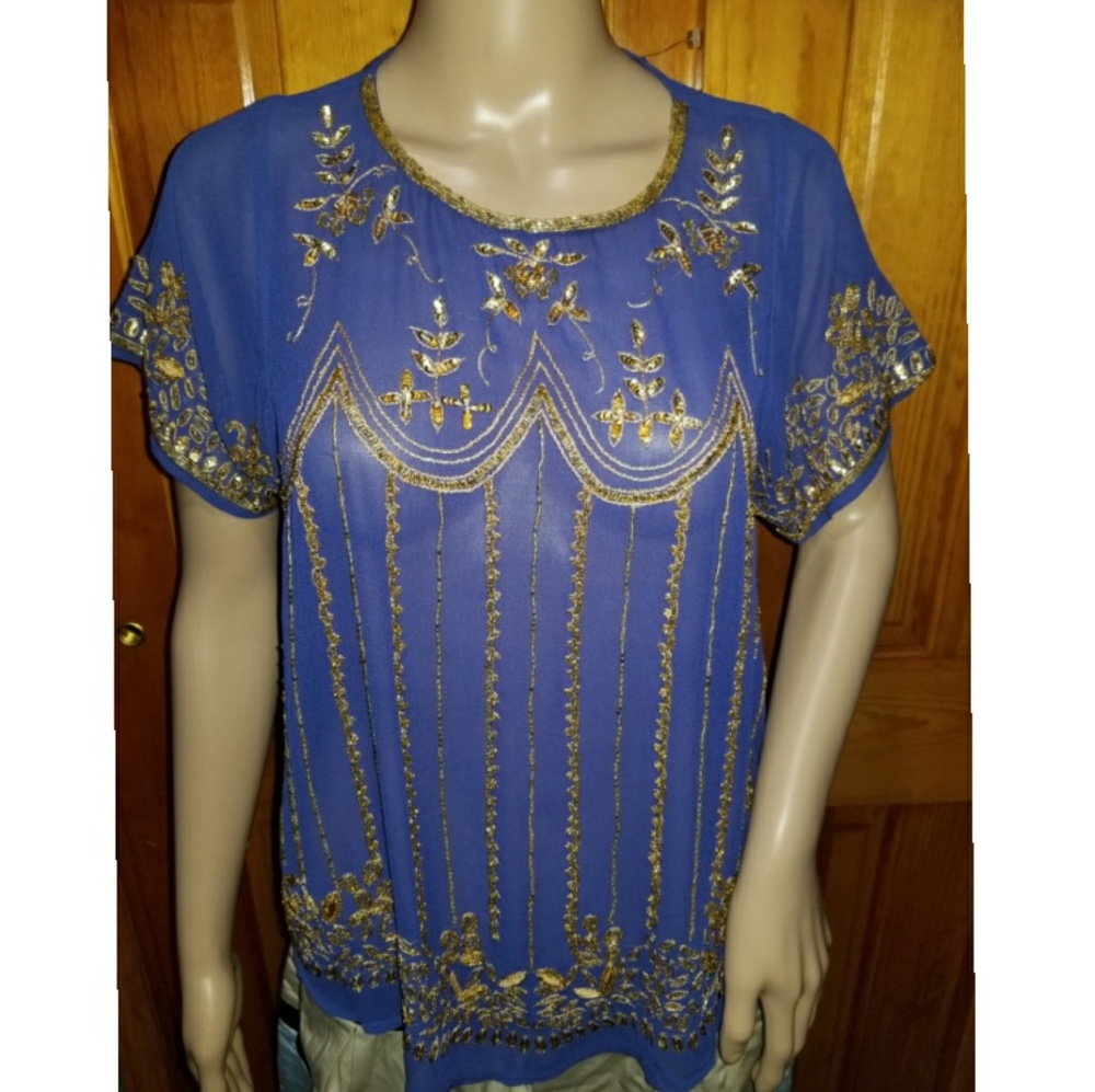 Designer Blue Net  Gold pattern sewing  Embroide