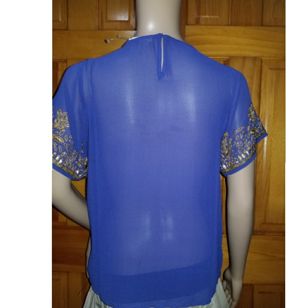 Designer Blue Net Gold pattern sewing Embroide - Picture 3 of 8