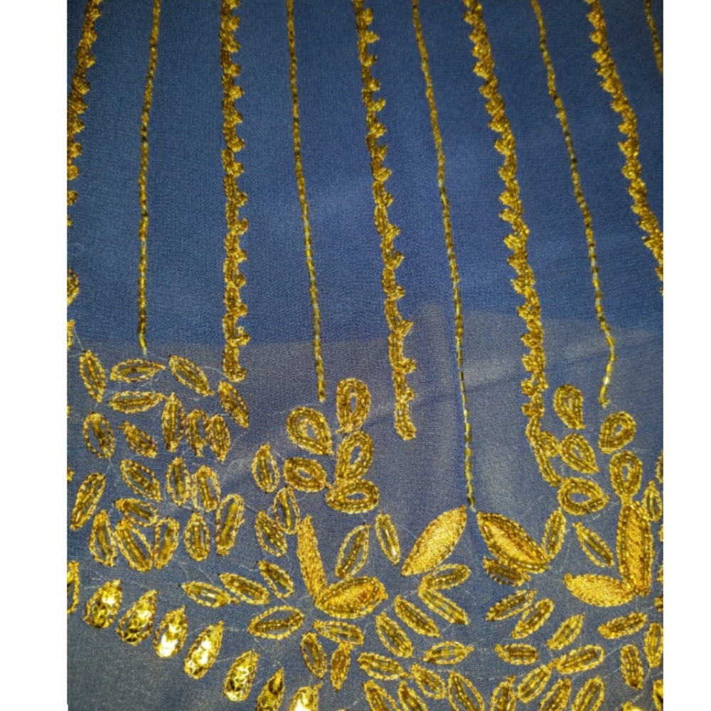 Designer Blue Net Gold pattern sewing Embroide - Picture 5 of 8