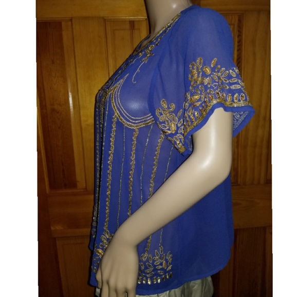 Designer Blue Net  Gold pattern sewing  Embroide - Picture 2 of 8