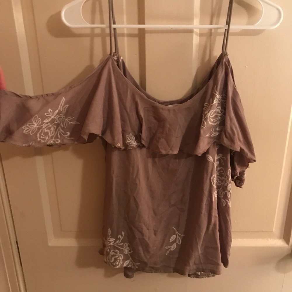 Tan and white off the shoulder top