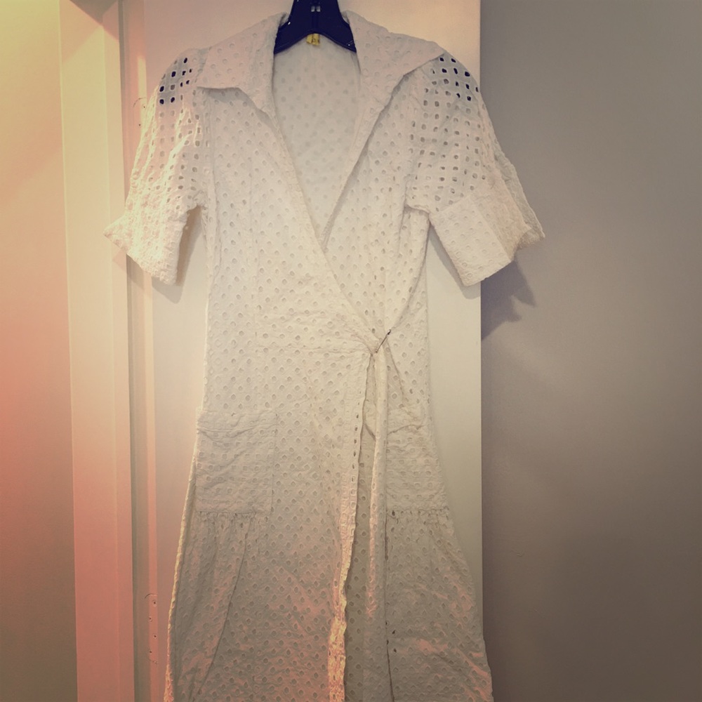 Diane von Furstenberg white eyelet wrap dress.