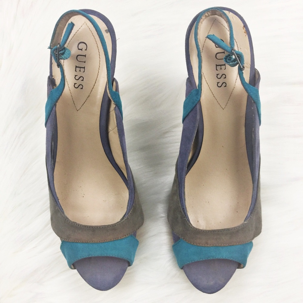 Guess Multi Teal Purple platform cork Heels Size 9