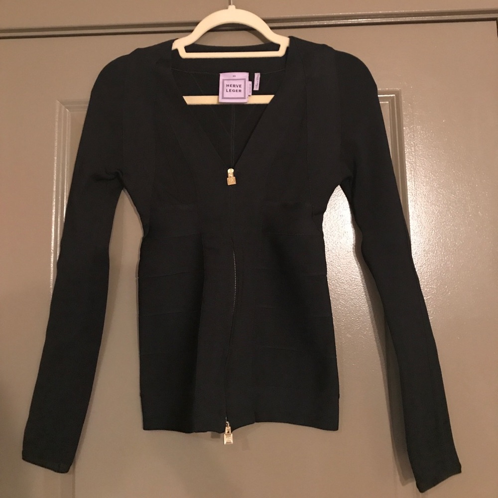 Herve Leger Long Sleeve Black Double Zip Top XS
