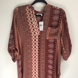 Boho ethnic print top with roll sleeves